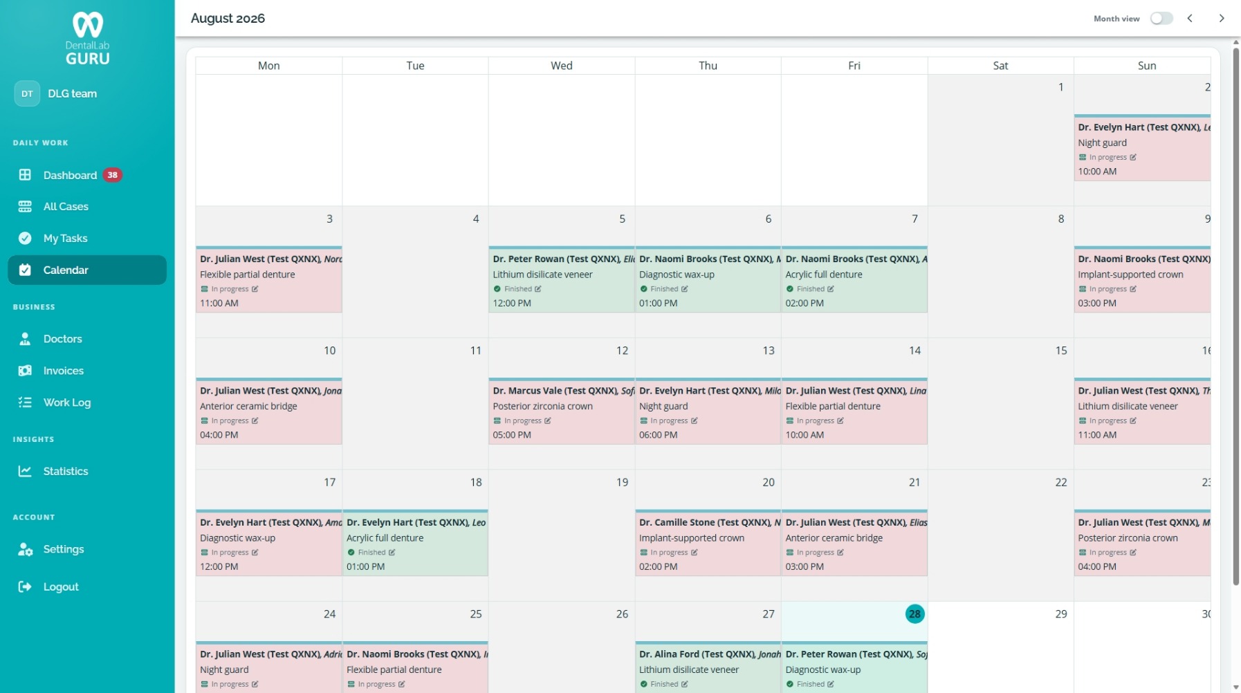 Dental Lab Guru production calendar on desktop and mobile with cases arranged by finish date.