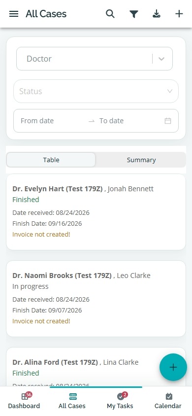 Dental Lab Guru mobile case list used after opening case records from the laboratory floor.