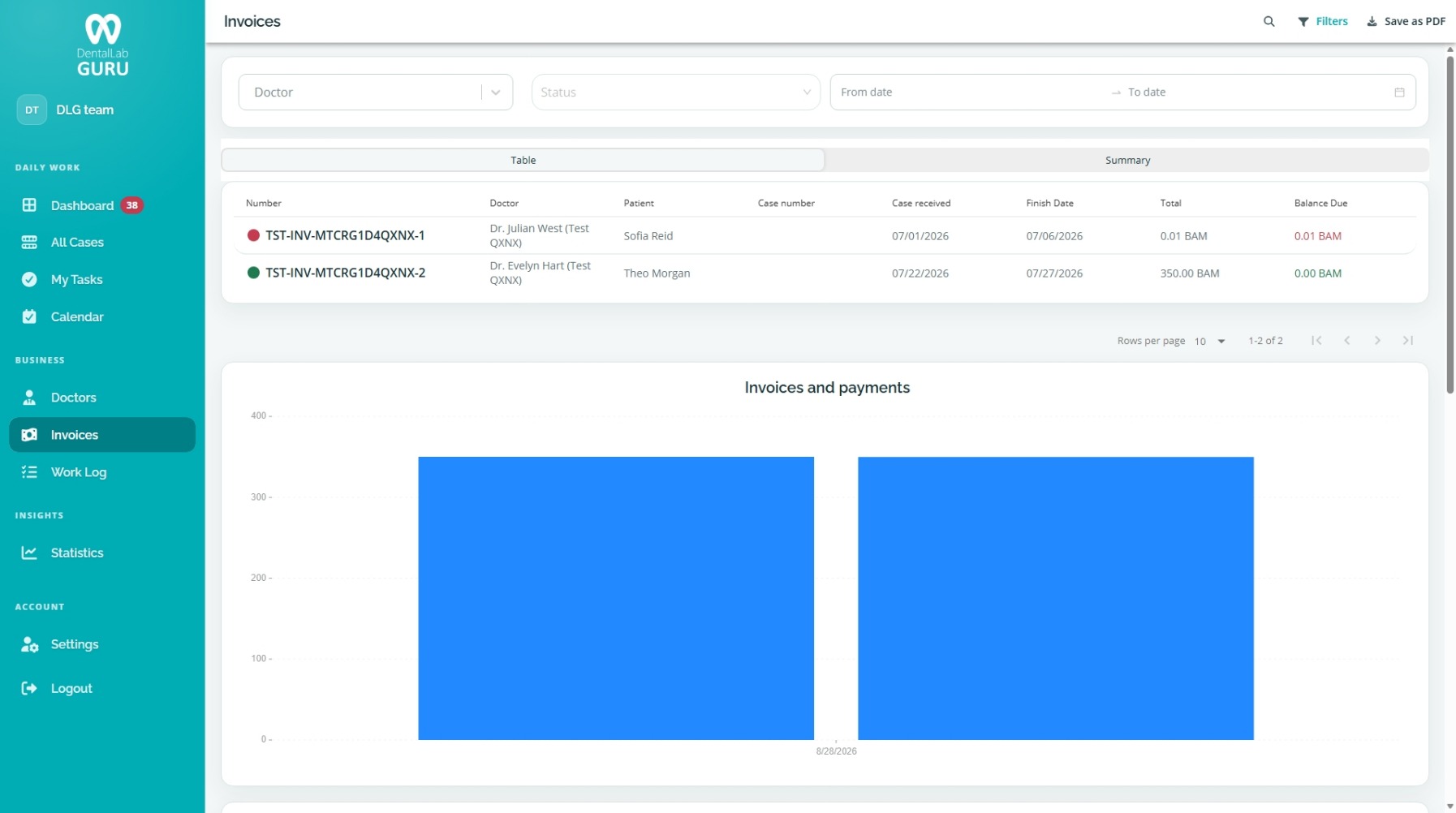 Dental Lab Guru invoice list on desktop and mobile with paid amounts and balances due.